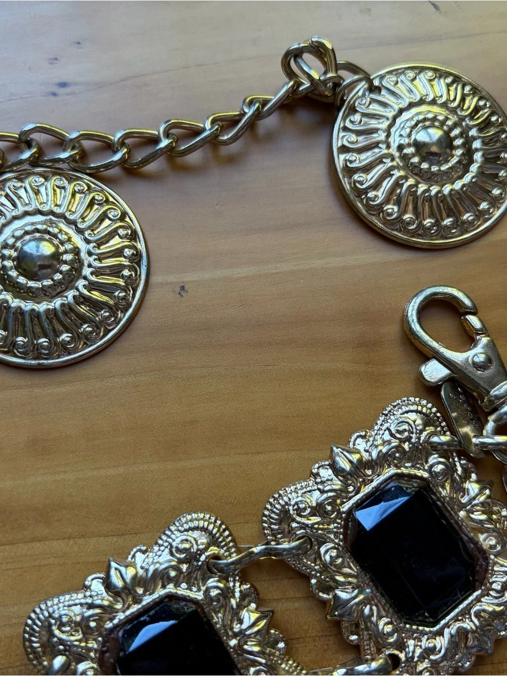 Gold-Tone Statement Waist Belt with Black Gem Accents